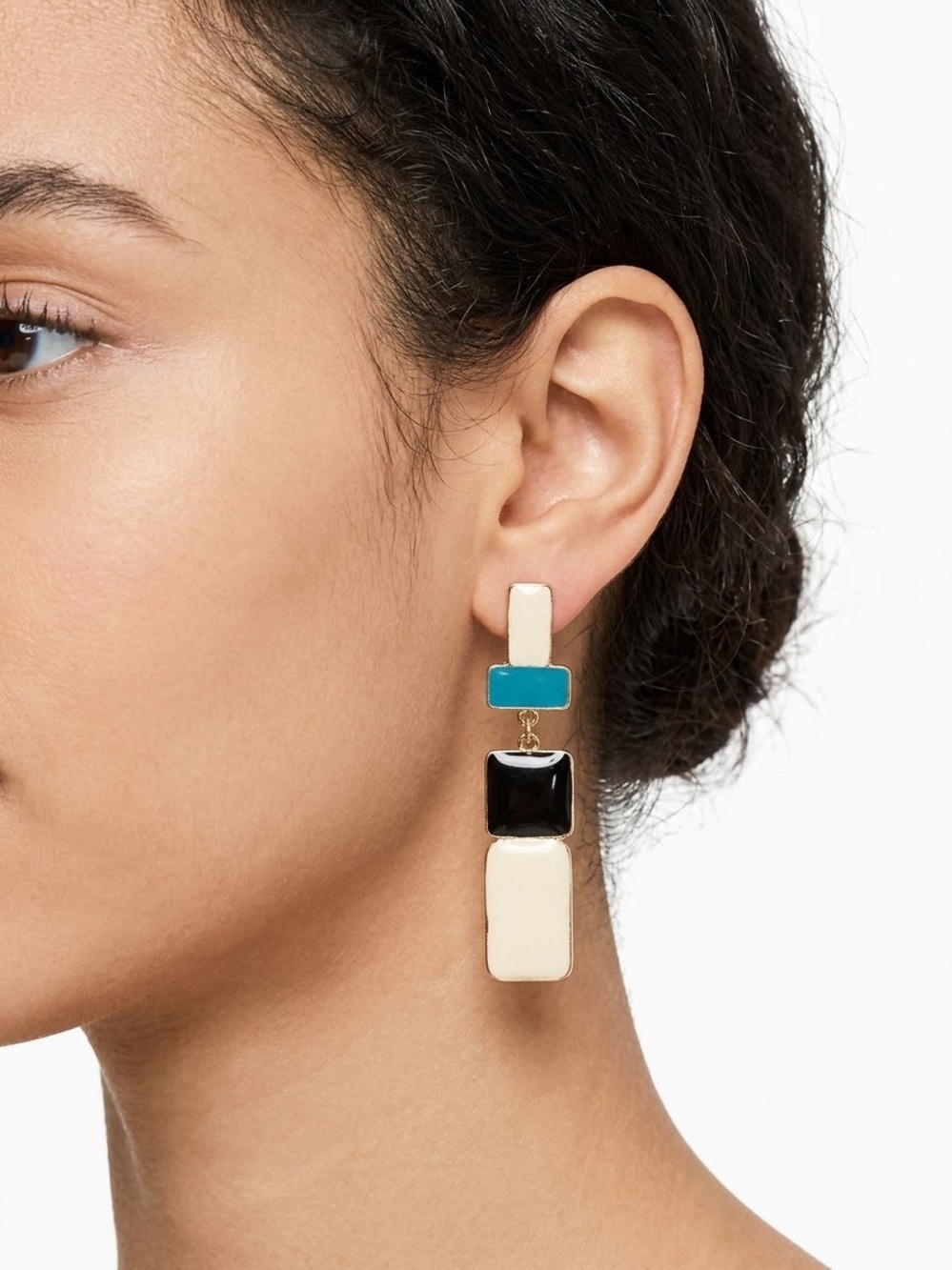 Vintage 1970s Modern Geometric Drop Earrings in Cream, Black & Teal